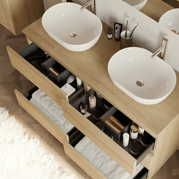 COSYNEO - Meuble de salle de bain 120cm avec plateau et 2 vasques à poser arrondies - 6 tiroirs - nebraska (chêne clair) - MAYOR - large