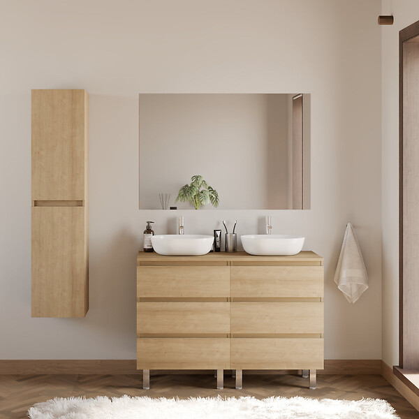 COSYNEO - Meuble de salle de bain 120cm avec plateau et 2 vasques à poser arrondies - 6 tiroirs - nebraska (chêne clair) - MAYOR - large