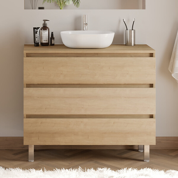 COSYNEO - Meuble de salle de bain 100cm avec plateau et vasque à poser arrondie - 3 tiroirs - nebraska (chêne clair) - MAYOR - large