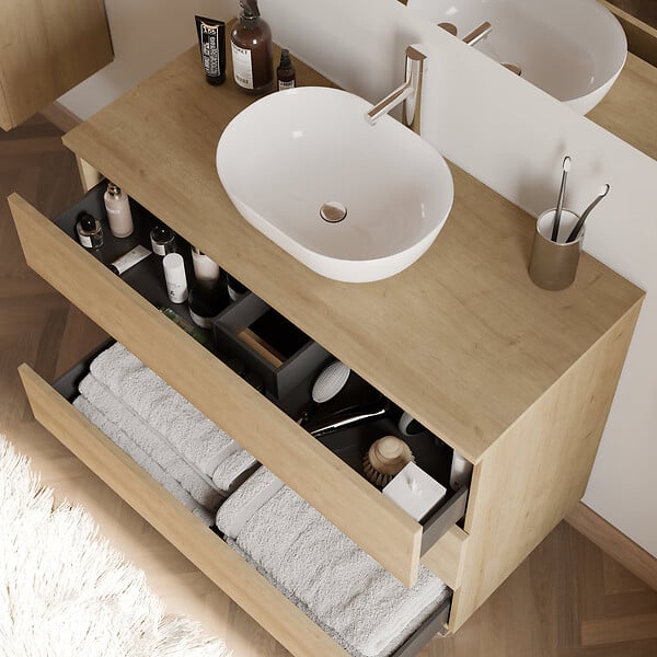 COSYNEO - Meuble de salle de bain 100cm avec plateau et vasque à poser arrondie - 3 tiroirs - nebraska (chêne clair) - MAYOR - large