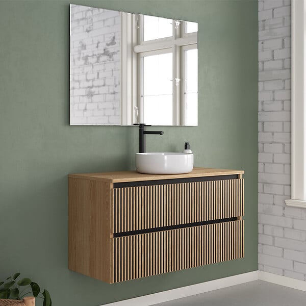COSYNEO - Meuble de salle de bain 100cm avec plateau et vasque à poser ronde - 2 tiroirs - roble era (chêne clair) - VENERIA - large
