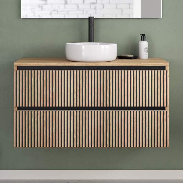 COSYNEO - Meuble de salle de bain 100cm avec plateau et vasque à poser ronde - 2 tiroirs - roble era (chêne clair) - VENERIA - large