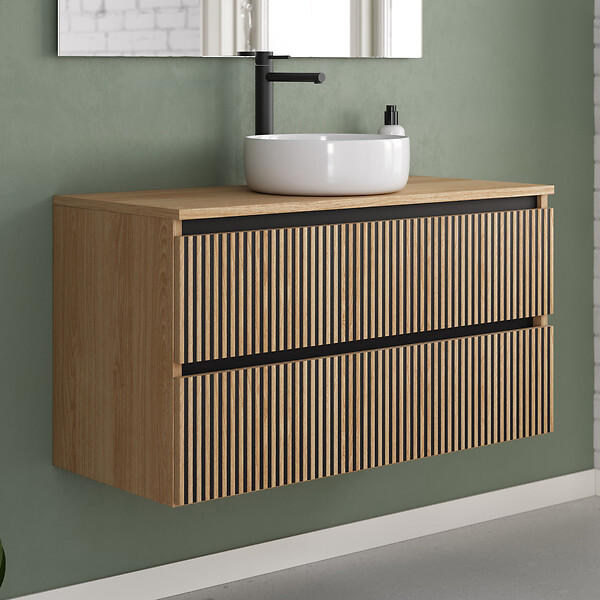 COSYNEO - Meuble de salle de bain 100cm avec plateau et vasque à poser ronde - 2 tiroirs - roble era (chêne clair) - VENERIA - large