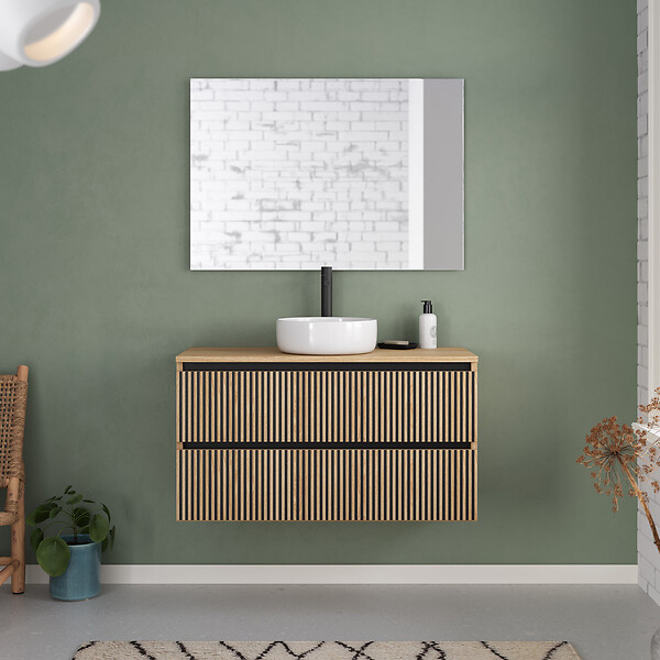 COSYNEO - Meuble de salle de bain 100cm avec plateau et vasque à poser ronde - 2 tiroirs - roble era (chêne clair) - VENERIA - large
