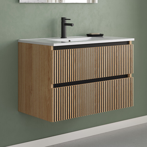 COSYNEO - Meuble de salle de bain 80cm simple vasque - 2 tiroirs - sans miroir - roble era (chêne clair) - VENERIA - large
