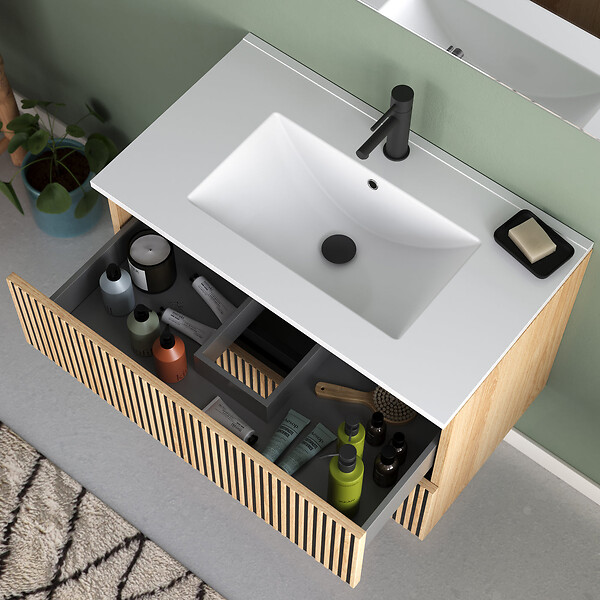 COSYNEO - Meuble de salle de bain 80cm simple vasque - 2 tiroirs - sans miroir - roble era (chêne clair) - VENERIA - large