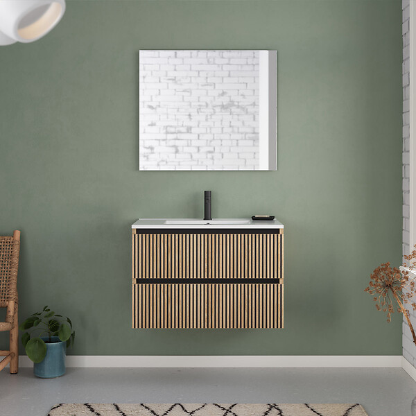 COSYNEO - Meuble de salle de bain 80cm simple vasque - 2 tiroirs - sans miroir - roble era (chêne clair) - VENERIA - large