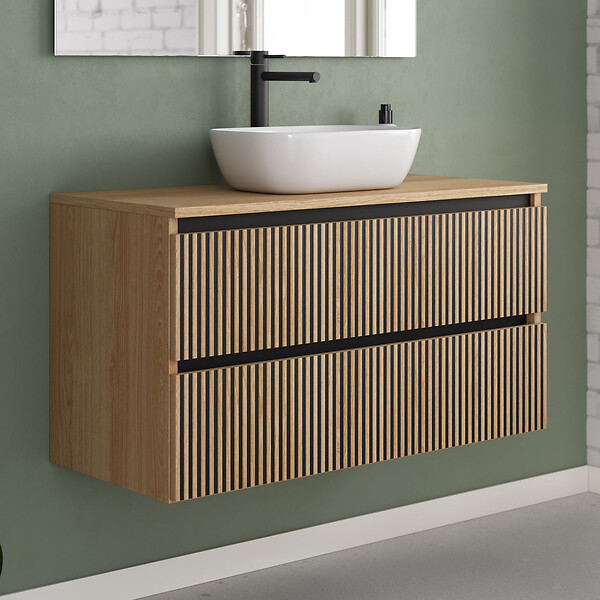 COSYNEO - Meuble de salle de bain 100cm avec plateau et vasque à poser arrondie - 2 tiroirs - sans miroir - roble era (chêne clair) - VENERIA - large
