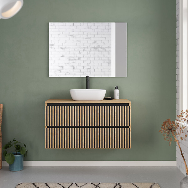 COSYNEO - Meuble de salle de bain 100cm avec plateau et vasque à poser arrondie - 2 tiroirs - sans miroir - roble era (chêne clair) - VENERIA - large