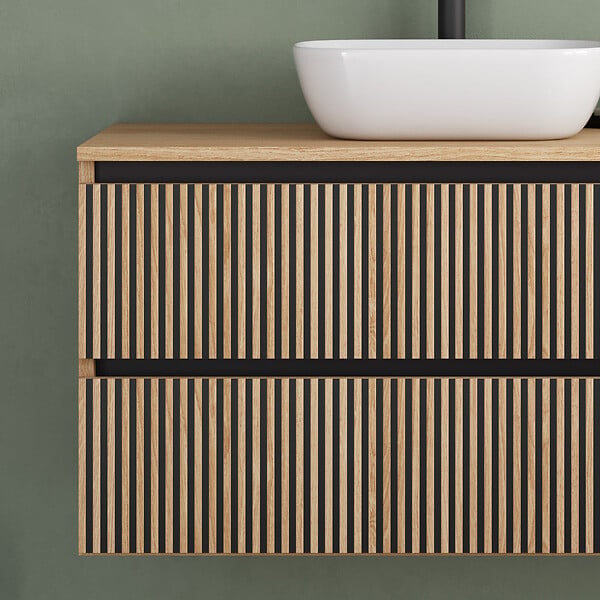 COSYNEO - Meuble de salle de bain 100cm avec plateau et vasque à poser arrondie - 2 tiroirs - sans miroir - roble era (chêne clair) - VENERIA - large