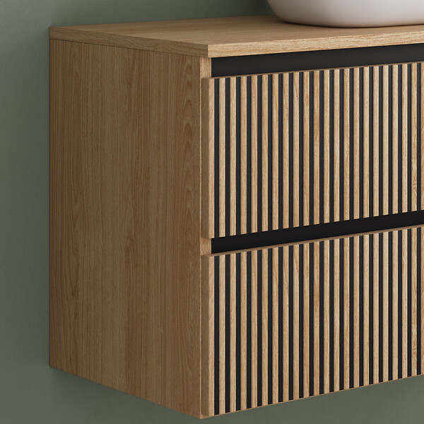 COSYNEO - Meuble de salle de bain 100cm avec plateau et vasque à poser arrondie - 2 tiroirs - sans miroir - roble era (chêne clair) - VENERIA - large