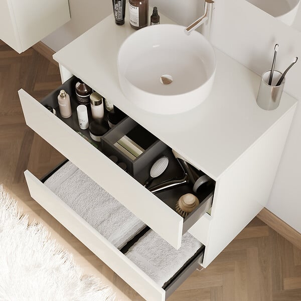 COSYNEO - Meuble de salle de bain 80cm avec plateau et vasque à poser ronde - 3 tiroirs - blanc brillant - MAYOR - large
