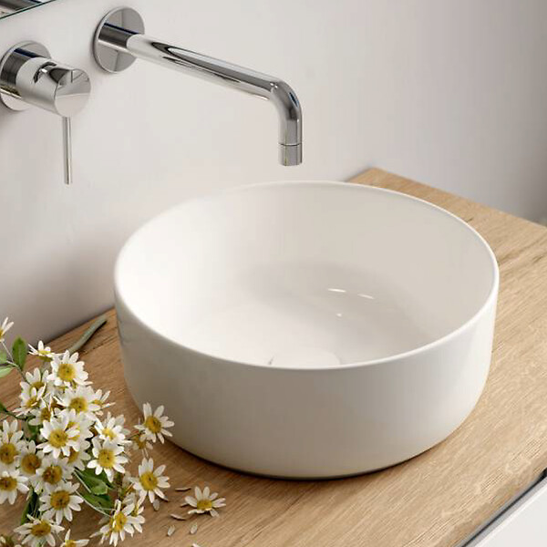 COSYNEO - Meuble de salle de bain 80cm avec plateau et vasque à poser ronde - 3 tiroirs - blanc brillant - MAYOR - large