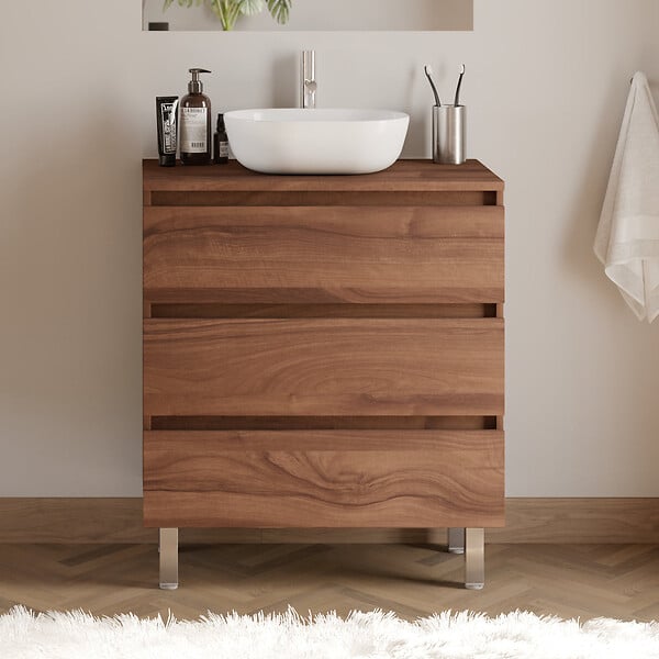 COSYNEO - Meuble de salle de bain 60cm avec plateau et vasque à poser arrondie - 3 tiroirs - noyer (bois foncé) - MAYOR - large