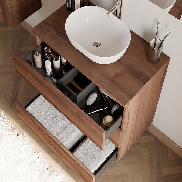 COSYNEO - Meuble de salle de bain 60cm avec plateau et vasque à poser arrondie - 3 tiroirs - noyer (bois foncé) - MAYOR - large