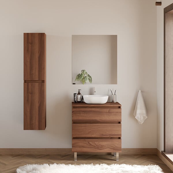 COSYNEO - Meuble de salle de bain 60cm avec plateau et vasque à poser arrondie - 3 tiroirs - noyer (bois foncé) - MAYOR - large