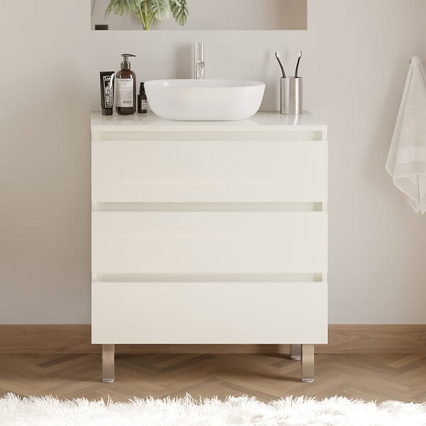 COSYNEO - Meuble de salle de bain 60cm avec plateau et vasque à poser arrondie - 3 tiroirs - blanc brillant - MAYOR - large