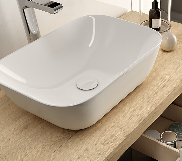 COSYNEO - Meuble de salle de bain 60cm avec plateau et vasque à poser arrondie - 3 tiroirs - blanc brillant - MAYOR - large