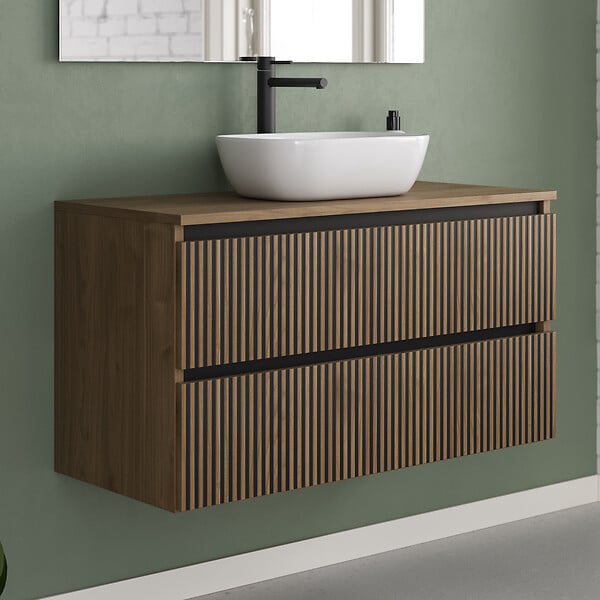 COSYNEO - Meuble de salle de bain 90cm avec plateau et vasque à poser arrondie - 2 tiroirs - sans miroir - noyer (bois foncé) - VENERIA - large
