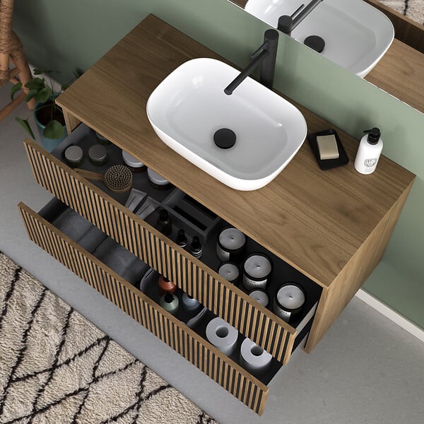 COSYNEO - Meuble de salle de bain 90cm avec plateau et vasque à poser arrondie - 2 tiroirs - sans miroir - noyer (bois foncé) - VENERIA - large