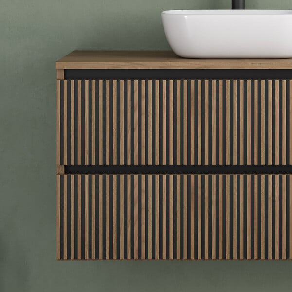 COSYNEO - Meuble de salle de bain 90cm avec plateau et vasque à poser arrondie - 2 tiroirs - sans miroir - noyer (bois foncé) - VENERIA - large