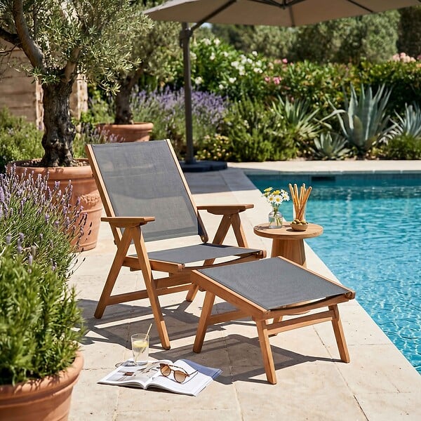 OVIALA - Fauteuil relax en bois d'eucalyptus avec repose-pieds gris - Sisco - large