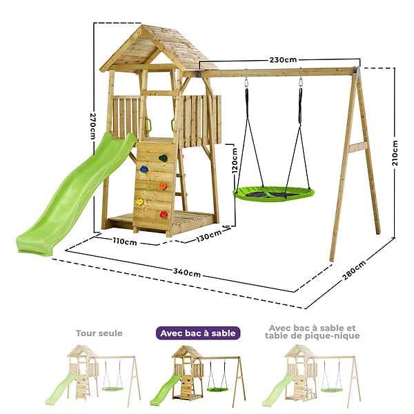 KANGUI - Aire de jeux bois, 2 balançoires, nid, toboggan, escalade, bac à sable WOODI - large