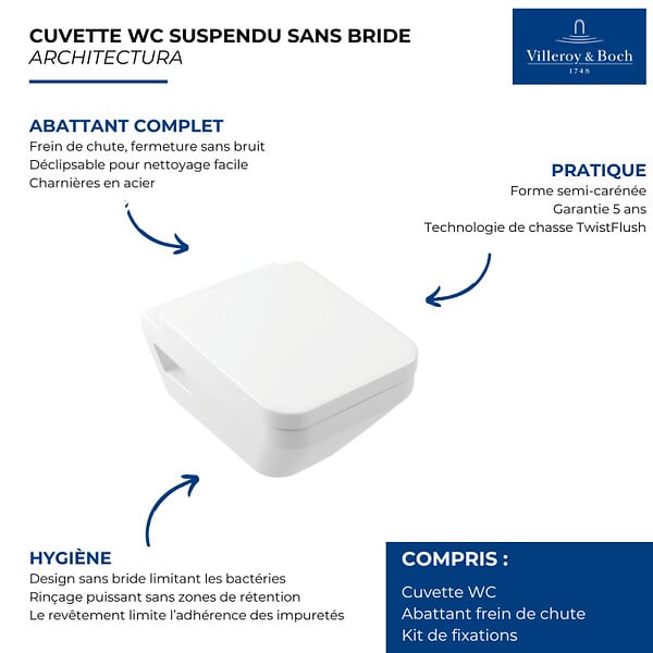VILLEROY ET BOCH - Cuvette WC suspendu sans bride  Architectura Twistflust rectangle avec abattant frein de chute - large