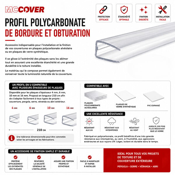 MCCOVER - Profil polycarbonate de bordure et obturation Transparent, ep.6 mm, L.210 cm - large