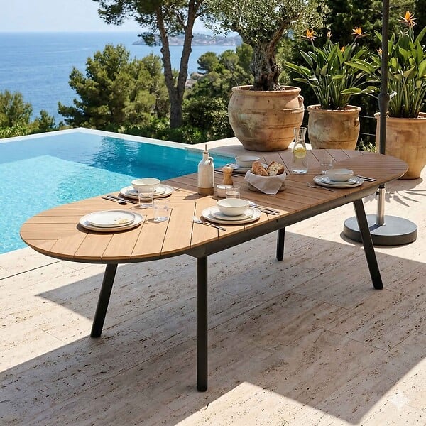 OVIALA - Table de jardin extensible 8 à 12 places effet bois en alu et polywood - Jakarta - large