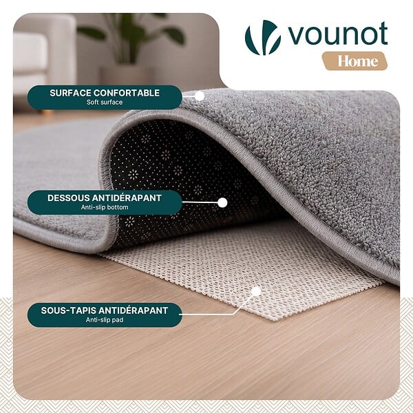 VOUNOT - Tapis de salon poils ras doux antiderapant 140x200cm uni gris - large