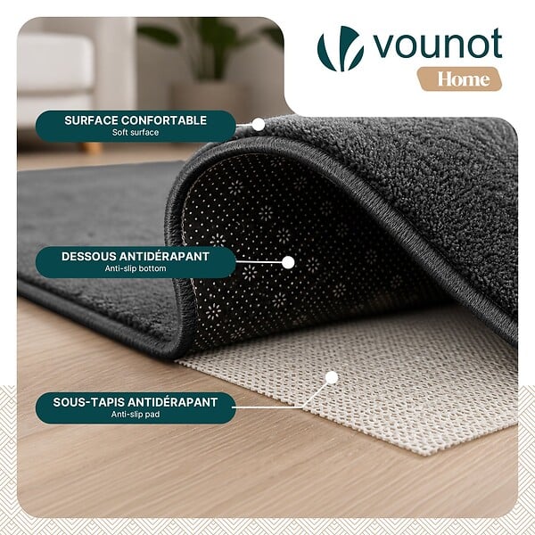 VOUNOT - Tapis de salon poils ras doux antiderapant 140x200cm uni anthracite - large