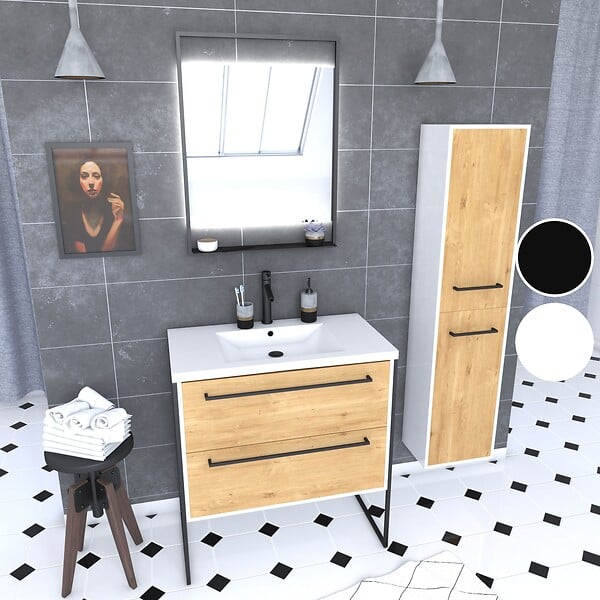 AURLANE - Meuble Salle de Bains 80 cm, Vasque Blanche, Miroir Led et Colonne - Blanc et Chêne - STRUCTURA - large