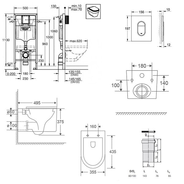 GROHE - Pack WC Bâti Rapid SL + WC sans bride SAT Vortex + Abattant SoftClose + Plaque chrome + Set d'habillage (ARENADELANOTQSB) - large