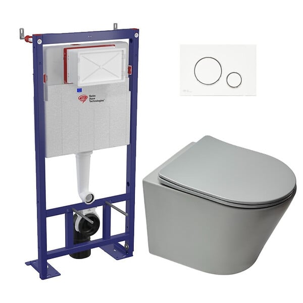 SWISS AQUA TECHNOLOGIES - Pack WC bâti-autoportant + WC Infinitio gris mat sans bride fixations invisibles + Abattant softclose + Plaque blanche/chrome - large