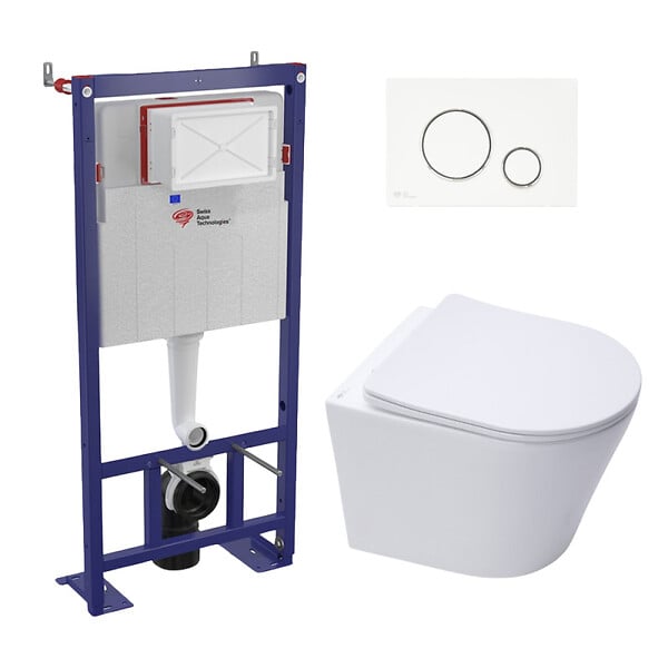 SWISS AQUA TECHNOLOGIES - Pack WC bâti-autoportant + WC SAT Infinitio sans bride fixations invisibles + Abattant softclose + Plaque blanche/chrome - large