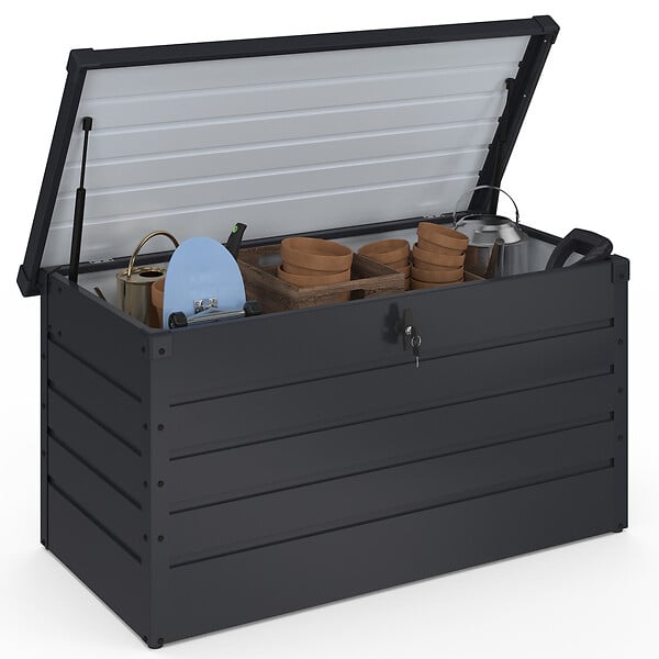 ID MARKET - Coffre de rangement métal verrouillable gris anthracite pour jardin 350L 120x62,5x63 cm - large
