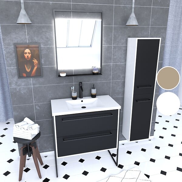 AURLANE - Meuble Salle de Bains 80 cm, Vasque Blanche, Miroir Led et Colonne - Blanc et Noir - STRUCTURA - large
