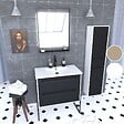 AURLANE - Meuble Salle de Bains 80 cm, Vasque Blanche, Miroir Led et Colonne - Blanc et Noir - STRUCTURA - vignette