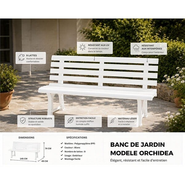 KZ GARDEN - Banc de Jardin 145x49xH74cm - Banc Exterieur Blanc Polypropylène Résitant UV Camping, Terrasse, Jardin Orchidea - large