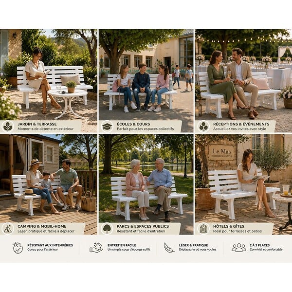 KZ GARDEN - Banc de Jardin 145x49xH74cm - Banc Exterieur Blanc Polypropylène Résitant UV Camping, Terrasse, Jardin Orchidea - large