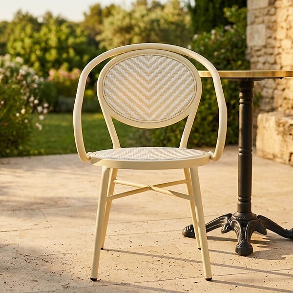 OVIALA - Chaise de terrasse style bistrot parisien aluminium et rotin beige - Villiers - large