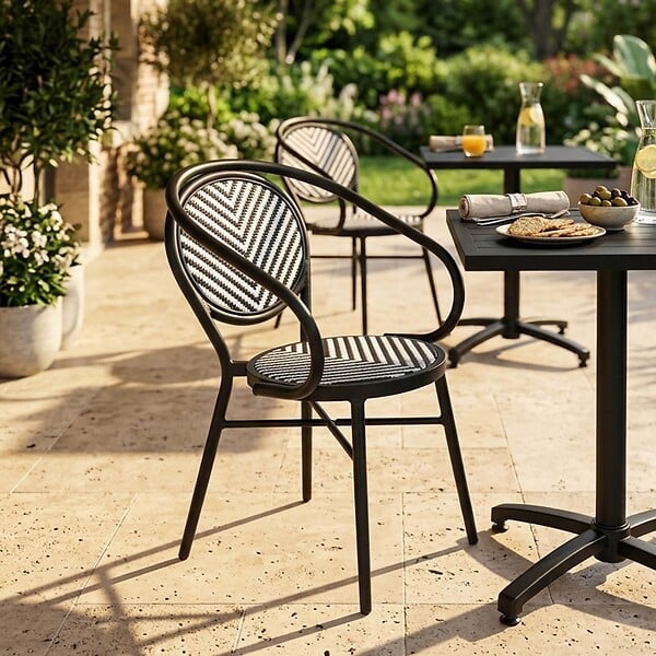 OVIALA - Chaise de terrasse style bistrot parisien en aluminium et rotin noir - Villiers - large