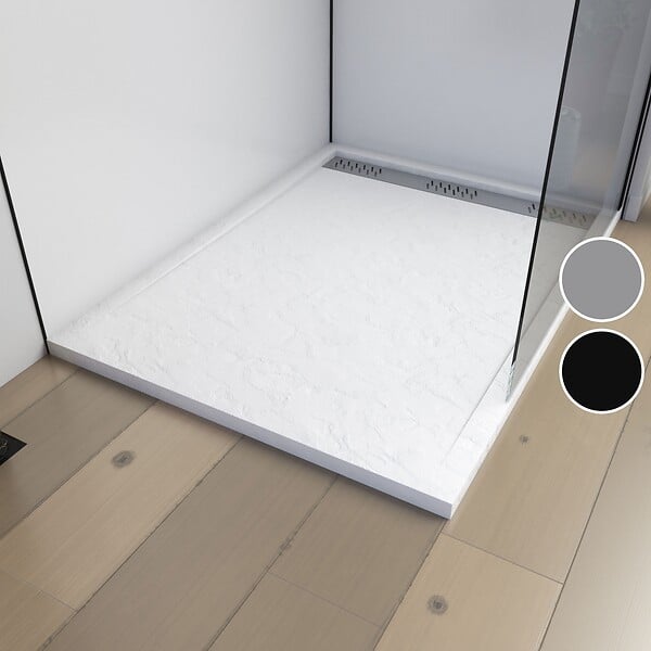 AURLANE - Receveur en acrylique Blanc Effet Pierre 80x120x4 cm - Grille Linéaire Chrome - MOON - large
