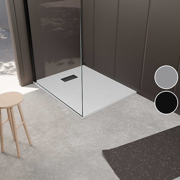 AURLANE - Receveur de douche Blanc Effet Pierre 90x120 cm et Grille décor Linéaire Noire Mate - large