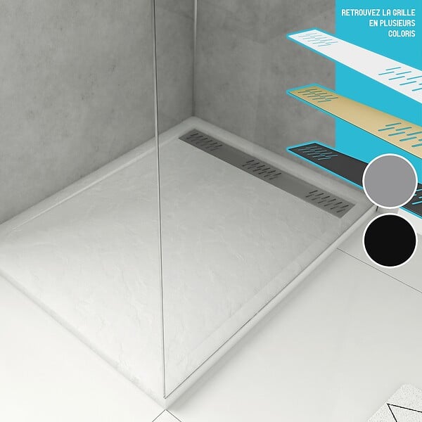 AURLANE - Receveur en acrylique Blanc Effet Pierre 80x80x4 cm - Grille Linéaire Chrome - MOON - large