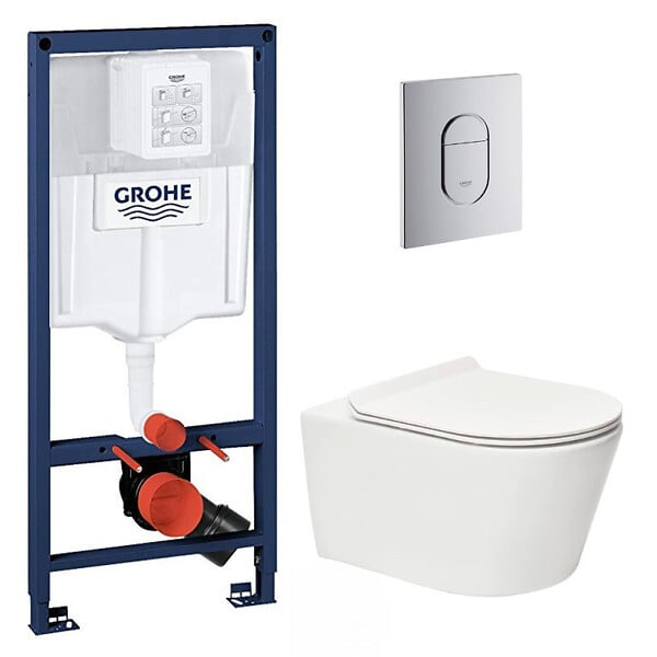 GROHE - Pack Rapid sl+ plaque arena chrome+ Fixations murales + set d'isolation phonique + WC suspendu sans bride (ArenaBrevis) - large
