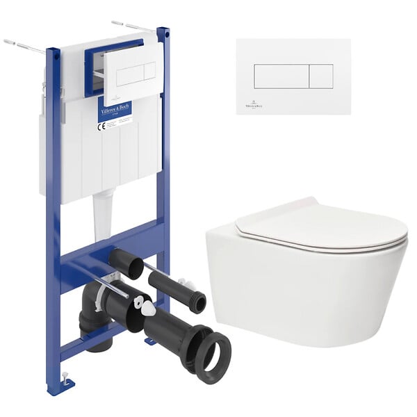 VILLEROY & BOCH - Pack WC Bâti-support Villeroy & Boch + WC sans bride SAT + Abattant ultra-fin softclose + Plaque blanche (ViConnectBrevis-2) - large