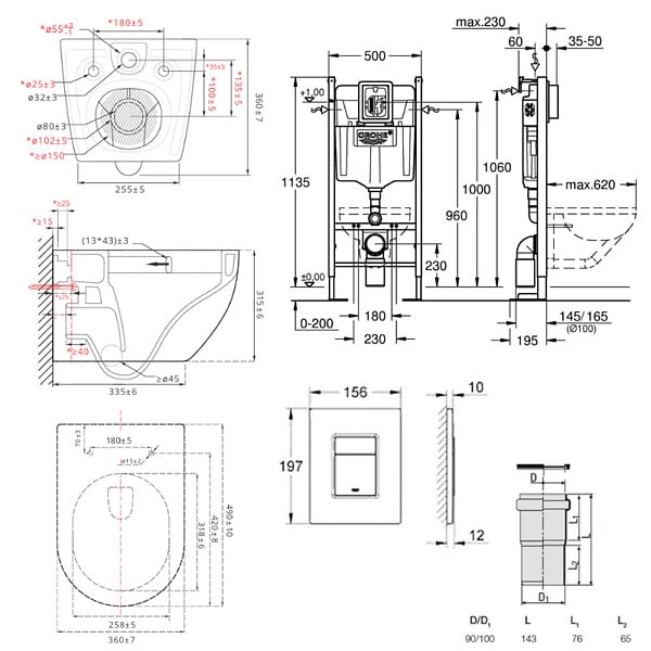 GROHE - Pack WC Bâti-support autoportant Rapid SL + WC SAT Vortex sans bride + Abattant SoftClose + Plaque chrome (PROTORNADO1) - large