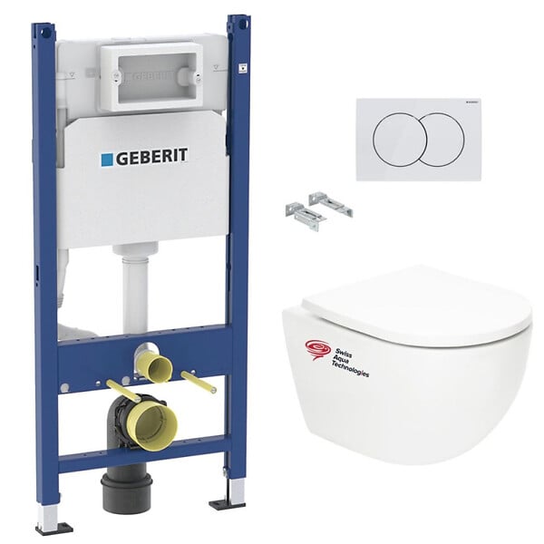 GEBERIT - Pack WC Bâti support Geberit + WC Swiss Aqua Technologies Vortex sans bride + abattant SoftClose + plaque (TORNADOGEB3) - large